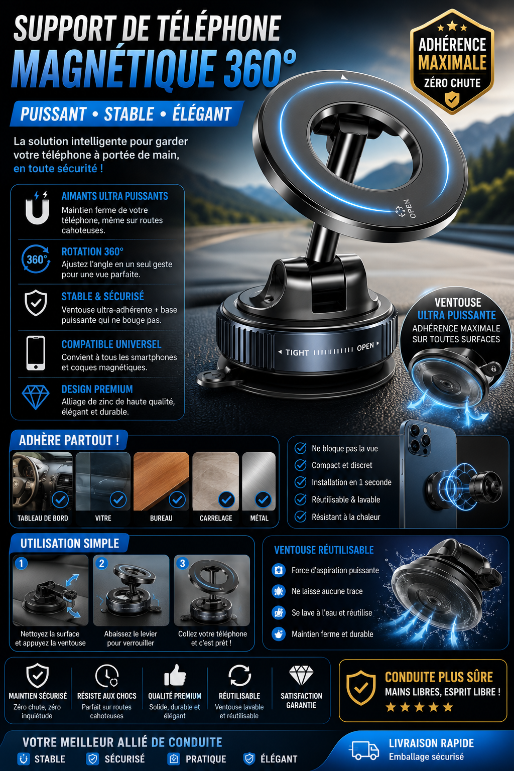 Support Magnétique Téléphone 360° a ventouse