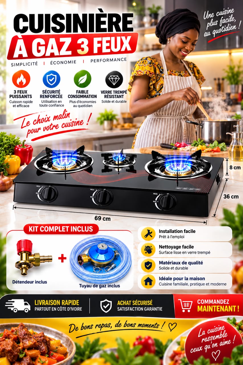 Cuisinière Gaz 3 Brûleurs – Verre Trempé & Allumage Auto